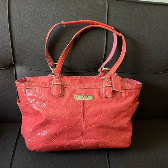 COACH Pink Rose Signature Embossed Patent Leather Tote Bag